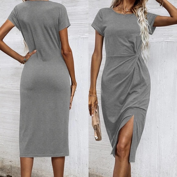 Twist short sleeve slit midi dress black - Picture 4 of 5